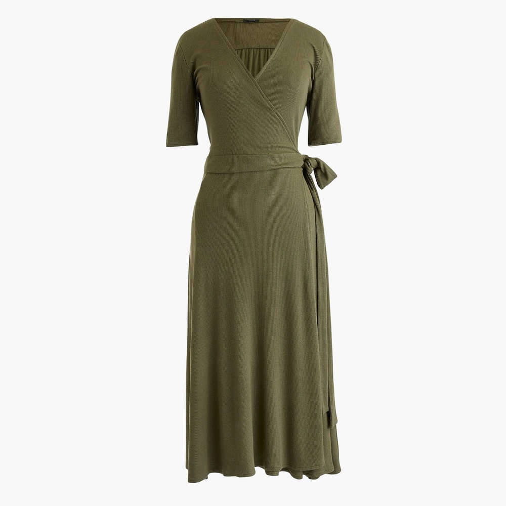 J. Crew Military Green Ribbed Knit Wrap Midi Dress in Frosty Olive - S